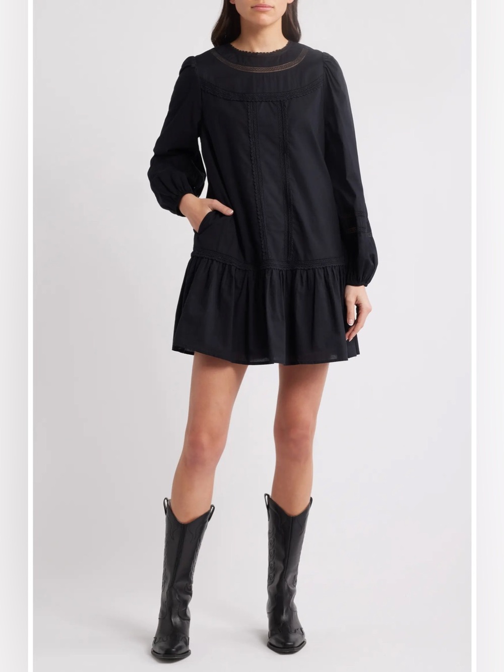 NWOT- Treasure & Bond Lace Detail Long Sleeve Shift Dress, Black, size Medium